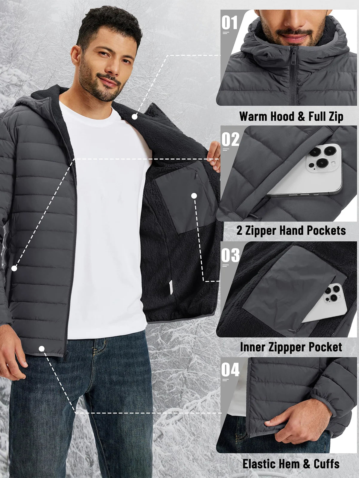 MAGCOMSEN Men's Quilted Puffer Jacket Hooded Fleece Lined Winter Coat Thick Warm Windproof Lightweight Casual Outwear