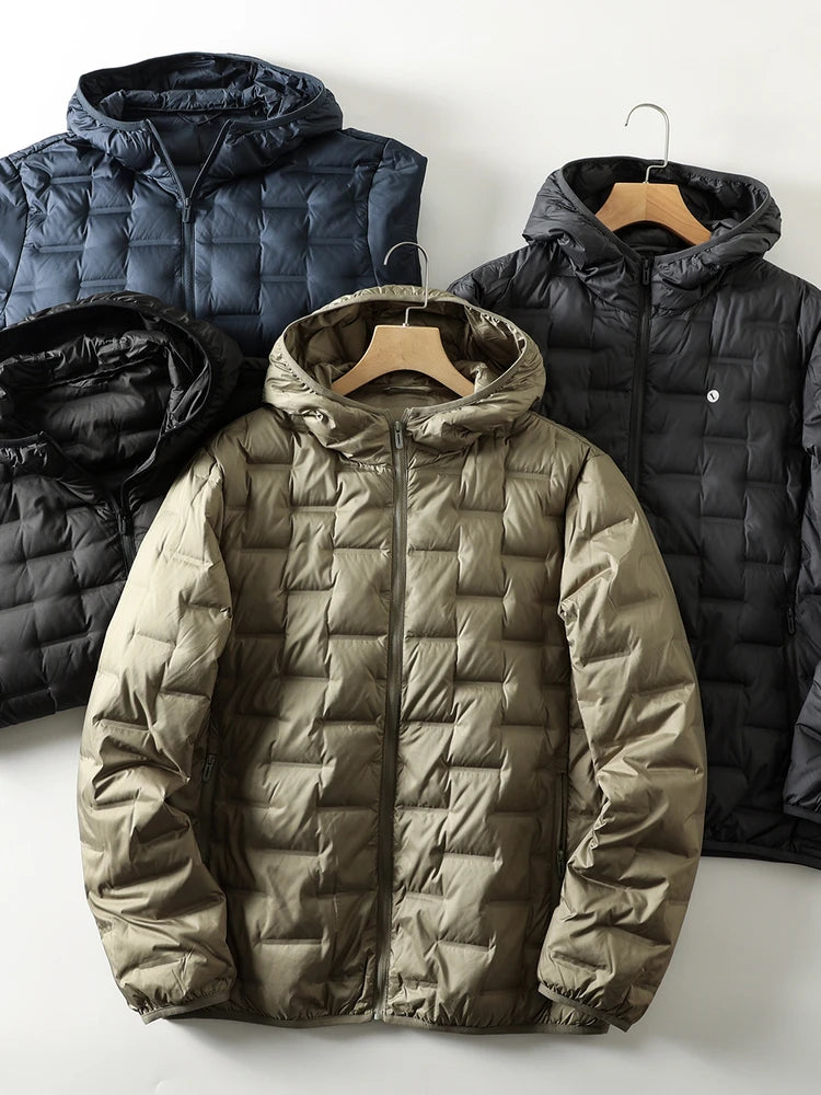 High-End 90 Duck down Jacket Men's Fashionable Hooded Lightweight Warmth Polyester Fiber Full Sealed Cargo Casual Style Coat