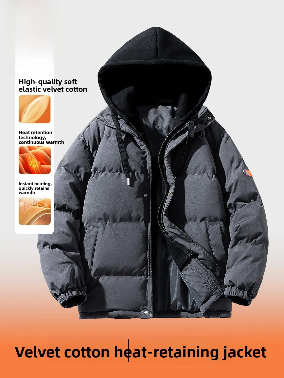 Men's Casual Hooded down Cotton Jacket Warmth Cold Proof Double Layered Polyester Nylon Composite Fiber Long Sleeve Zipper Coat