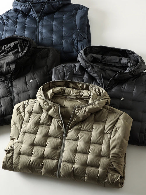 High-End 90 Duck down Jacket Men's Fashionable Hooded Lightweight Warmth Polyester Fiber Full Sealed Cargo Casual Style Coat